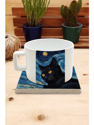 Harikapoli Kediler ve Sanat/van Gogh Yıldızlı Gece The Starry Night Set 4 - Fincan Kupa-Taş Bardak Altlığı 6