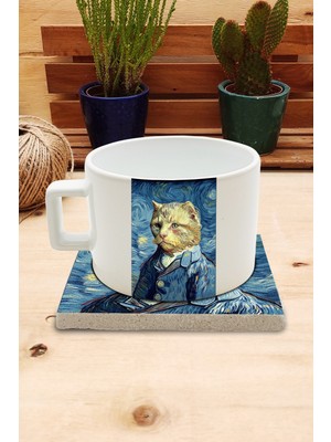 Harikapoli Kediler ve Sanat/van Gogh Yıldızlı Gece The Starry Night Set 4 - Fincan Kupa-Taş Bardak Altlığı 5