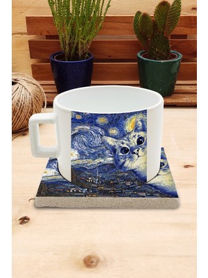 Harikapoli Kediler ve Sanat/van Gogh Yıldızlı Gece The Starry Night Set 4 - Fincan Kupa-Taş Bardak Altlığı 7