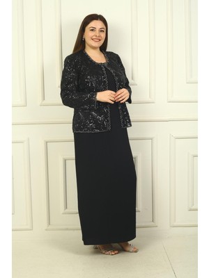 Kadın Pul Işlemeli Boncuk Detaylı Tül Ceket Yarım Ay Kollu Uzun Elbise Astarlı Krep Büyük Beden 2'li Takım