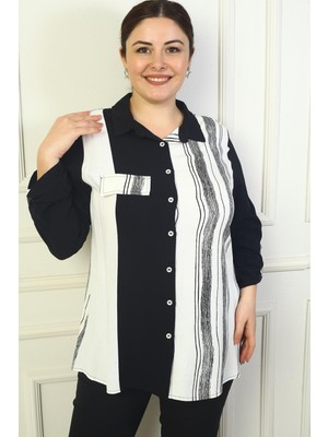 By Saygı Kadın Kol Katlamalı Boyuna Çizgili Büyük Beden Gömlek