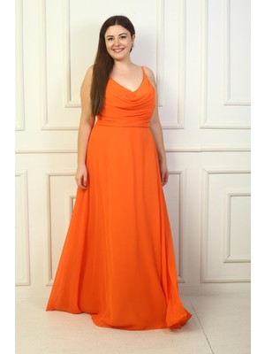 By Saygı Kadın Ip Askılı Önü Drapeli Astarlı Büyük Beden Uzun Şifon Elbise