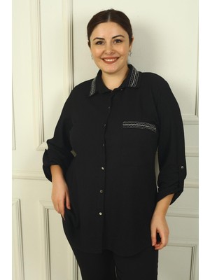 Kadın Kol Katlamalı Yaka ve Cebi Şeritli Büyük Beden Gofre Gömlek