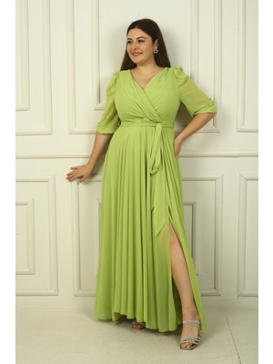 Kadın Kruvaze Yaka Kollu Beli Kuşaklı Astarlı Yırtmaçlı Büyük Beden Uzun Şifon Elbise