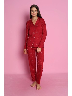 Pijamoni Milan Kumaş Önden Düğmeli Uzun Kollu Kırmızı Pijama Takımı - 7520