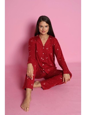 Pijamoni Milan Kumaş Önden Düğmeli Uzun Kollu Kırmızı Pijama Takımı - 7520