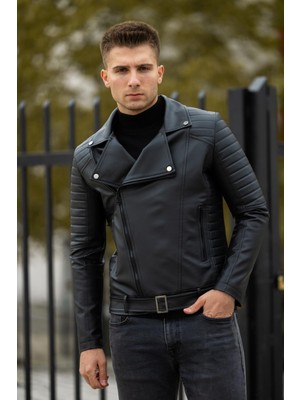 Prifaldi Erkek Siyah Deri Ceket Kuzey Çapraz Fermuar Model