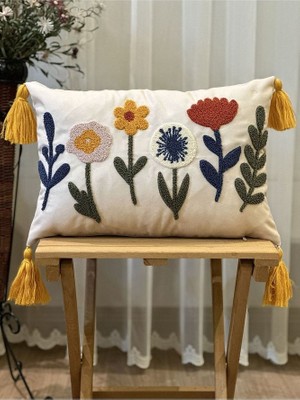 Bugi Home Collection Tekli Çiçekli Punch Işlemeli Nakışlı Dekoratif Premium Kırlent Kılıfı