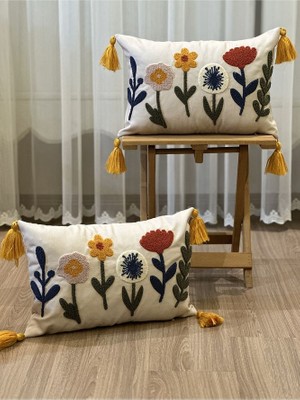 Bugi Home Collection Ikili Dikdörtgen Punch Işlemeli Çiçek Temalı Panç Nakışlı Kırlent Kılıfı