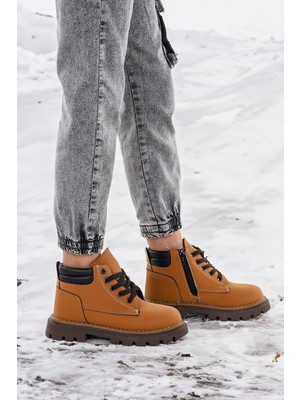 Kiko Kids Kosev Fermuarlı Erkek Çocuk Kışlık Bot Ayakkabı Taba Renk Suni Deri Malzeme