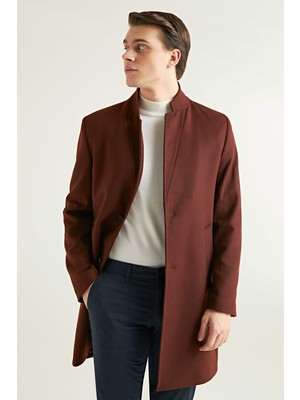 Twn Slim Fit Kiremit Düz Tek Yırtmaçlı Viskonlu Palto