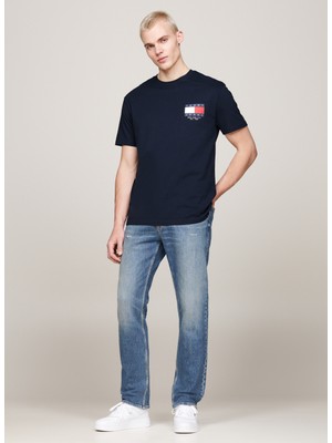 Tommy Jeans Bisiklet Yaka Baskılı Lacivert Erkek T-Shirt DM0DM19695C1G Reg Rwb Sıg Flag Tee