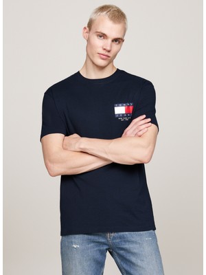 Tommy Jeans Bisiklet Yaka Baskılı Lacivert Erkek T-Shirt DM0DM19695C1G Reg Rwb Sıg Flag Tee