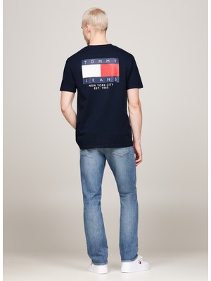 Tommy Jeans Bisiklet Yaka Baskılı Lacivert Erkek T-Shirt DM0DM19695C1G Reg Rwb Sıg Flag Tee