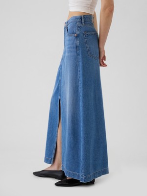 Kadın Mavi Ultrasoft Denim Midi Etek