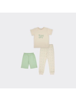 Erkek Çocuk Karanlıkta Parlayan Baskılı 3'lü Set Bej Pijama Takımı