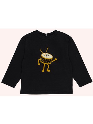 Erkek Bebek Baskılı Uzun Kollu Siyah Tişört