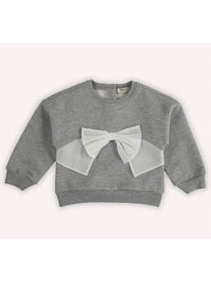Panço Kız Bebek Pango Gri-Melanj Sweatshirt Tül Fiyonk Detayı ile Zarif 6 - 12 Ay