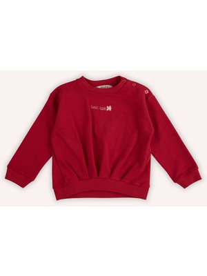 Panço Kız Bebek Kırmızı Sweatshirt Nakış Detaylı Truvakar Kol Yumuşak Doku ile Rahat Kullanım