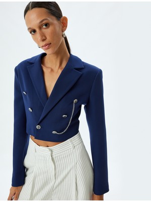 Koton Kruvaze Crop Blazer Ceket Ters Yaka Armürlü Zincir Detaylı Düğmeli