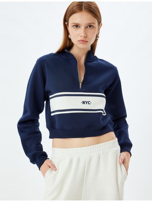 Crop Sweatshirt Yarım Fermuar Detaylı Renk Bloklu Üç Iplik Şardonlu