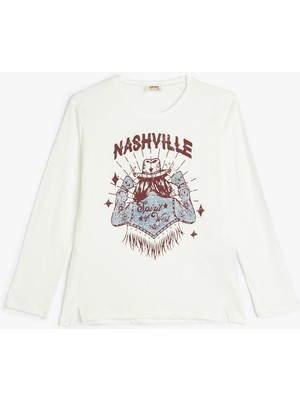 Koton Tişört Uzun Kollu Bisiklet Yaka Baskı Detaylı Pamuklu