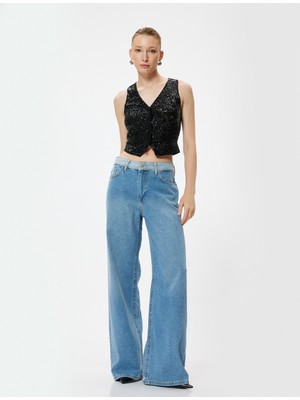 Koton Abiye Yelek Crop Pullu Payetli V Yaka Kolsuz Düğmeli Slim Fit