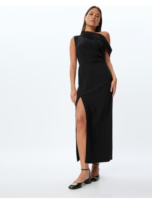 Koton Uzun Gece Elbisesi Tek Omuz Asimetrik Yaka Önden Yırtmaç Detaylı Krep Kumaş