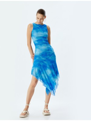 Koton Midi Elbise Tül Kolsuz Soyut Desenli Drapeli Asimetrik Kesim Bisiklet Yaka