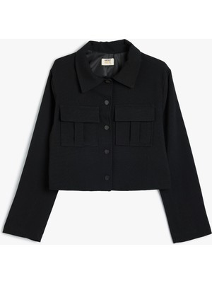 Koton Crop Gömlek Ceket Cep Detaylı Uzun Kollu Çıtçıt Kapamalı