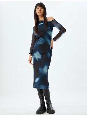 Koton Tül Elbise Midi Omzu Açık Drapeli Asimetrik Kesim Uzun Kollu