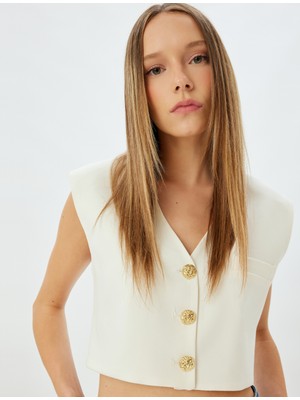 Koton x Zeynep Bastık - Crop Blazer Yelek V Yaka Gold Düğmeli