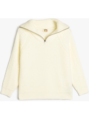 Koton Yarım Fermuarlı Ekru Triko Kazak Kız Çocuklar İçin Bol Kalıp Günlük Stil