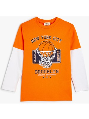 Koton Tişört Basket Temalı Baskılı Uzun Kollu Bisiklet Yaka Pamuklu