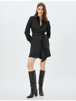 Koton Saten Gömlek Elbise Mini Boy Kuşak Detaylı Uzun Kollu