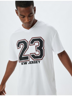 Koton Spor Tişört Oversize V Yaka Slogan Baskılı Kısa Kollu