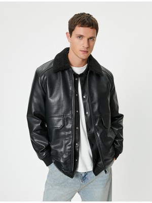 Koton Slim Fit Cepli Suni Kürklü Deri Ceket Erkek Siyah Renk Klasik Stil M Beden