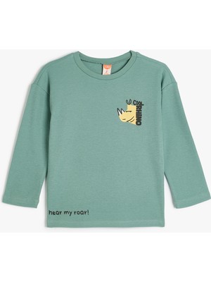 Koton Uzun Kollu T-Shirt Kız Çocuk İçin Günlük Yeşil Pamuklu Gergedan Baskı Detaylı Truvakar Kol