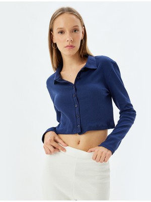 Koton Polo Yaka Tişört Crop Uzun Kollu Düğmeli Slim Fit