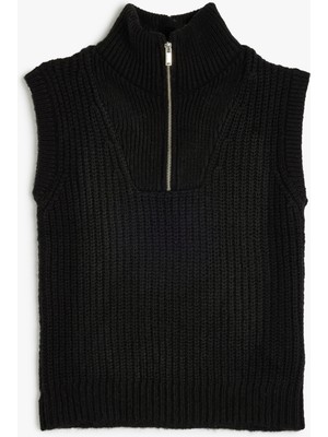 Koton Kız Çocuk Siyah Kolsuz Triko Süveter Yarım Fermuarlı Yaka Günlük Kullanım