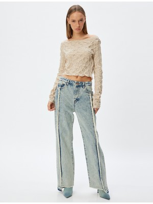 Koton Crop Tişört Uzun Kollu Dokulu Kayık Yaka Bürümcük