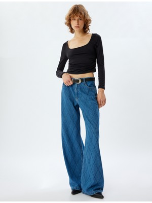 Koton Geniş Paça Kot Pantolon Standart Bel Taşlı Düğmeli Cepli - Wide Leg Jean