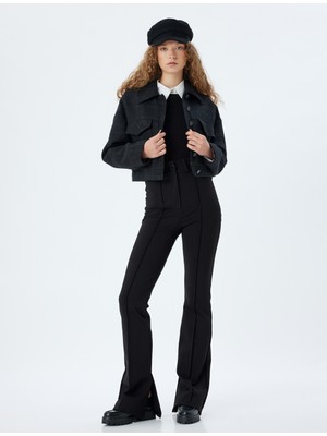 Koton Ispanyol Paça Pantolon Nervürlü Düğmeli Interlok Çelik Kumaş Slim Fit