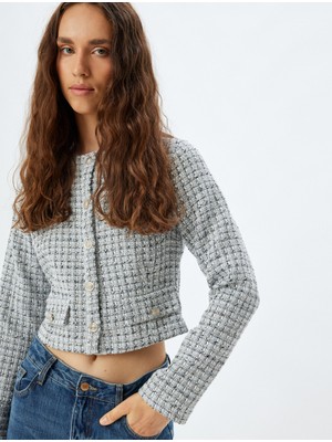 Koton Crop Tüvit Ceket Yuvarlak Yaka Düğmeli Uzun Kollu Cepli