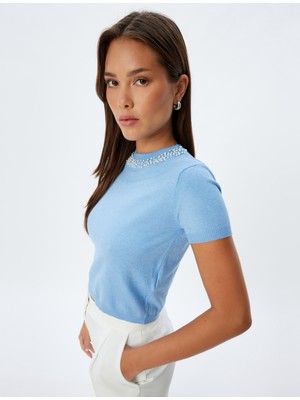 Koton Taşlı Triko Kazak Kısa Kollu Bisiklet Yaka