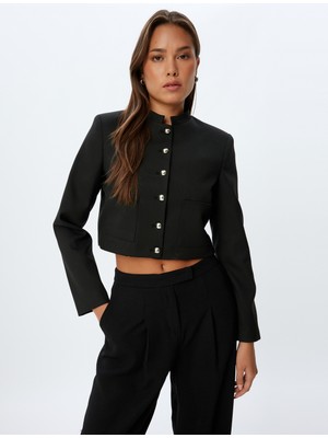 Koton Crop Ceket Dik Yaka Cepli Düğmeli Uzun Kolu