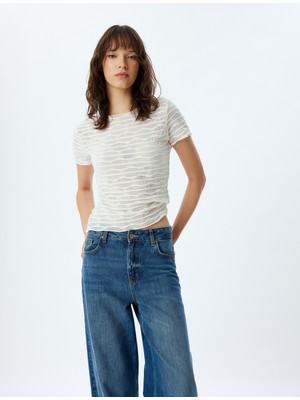 Koton Yarı Transparan Crop Tişört Çizgili Kısa Kollu Yuvarlak Yaka