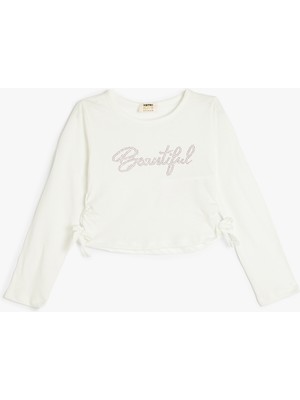 Koton Crop Tişört Yanları Büzgülü Bağlamalı Uzun Kollu Bisiklet Yaka Pamuklu