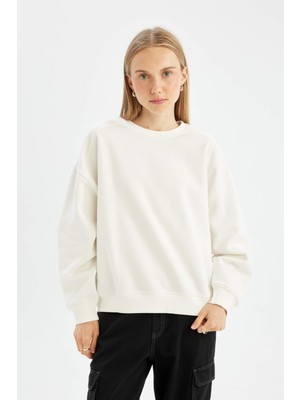 DeFacto Coool Oversize Fit Bisiklet Yaka Kalın Kumaş Sweatshirt Kırık Beyaz
