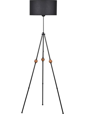 Safir Light Ahşap Detaylı Tripod Lambader - Siyah - 160X38X38 cm